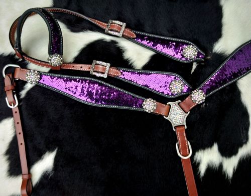 Showman Purple and Silver Sequins Inlay Single Ear Headstall and Breast Collar Set #4